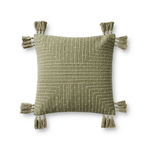 Moss green 18-inch square throw pillow with linear embroidered graphic pattern and tassels on each corner