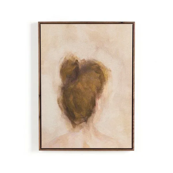 Soft, atmospheric painting titled Figure 3 by Brittney Schulz showing the back of a woman's head with brown hair in a loos...