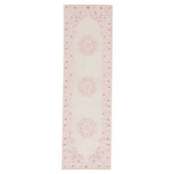 rug long runner style with three central medallions and floral border in pink and white