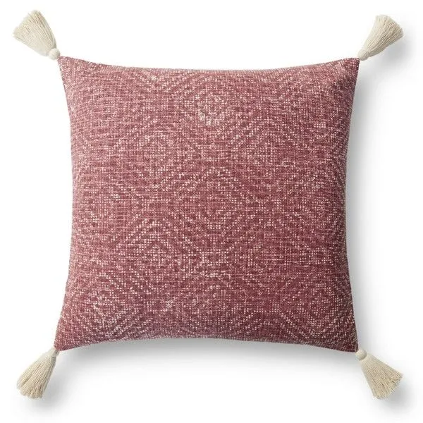 Square red pillow with textured geometric pattern and cream tassels on each corner