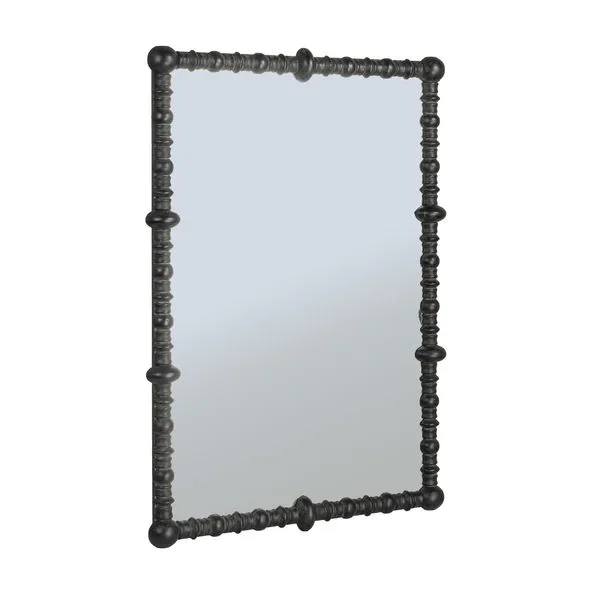 Rectangular mirror with a black pine wood frame featuring intricately beaded dowels and rustic finish