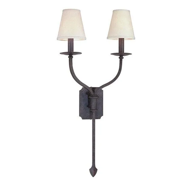 La Brea Wall Sconce with two upward curving arms, dark metal finish, and cream fabric shades