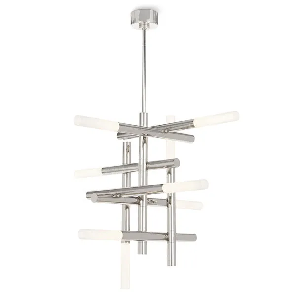 Cass Chandelier with modern grid of intersecting vertical and horizontal chrome arms and frosted acrylic LED diffusers