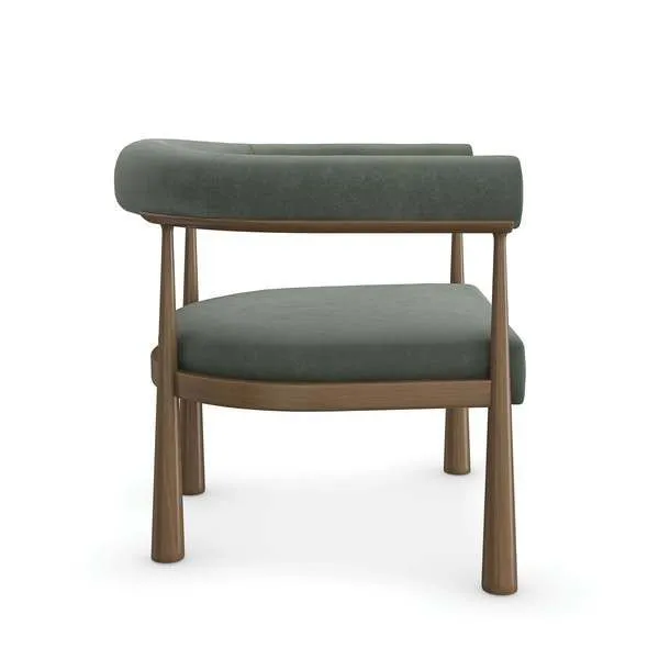 Bali Curved Club Chair with sage green mohair-velvet upholstery, rounded bolster back and arms, exposed wood frame and tap...