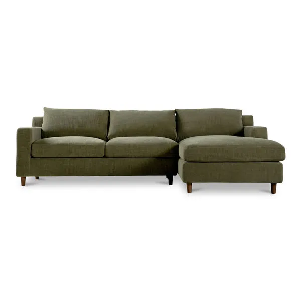 Hutton sectional sofa in olive green chenille fabric with mid-century tapered wood legs and plush cushions