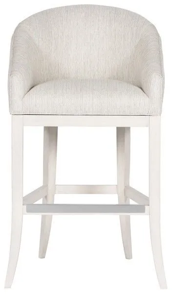 Ryder Performance Wood Flare Base Stool with curved barrel seat, flared light wood legs, and beige textured upholstery