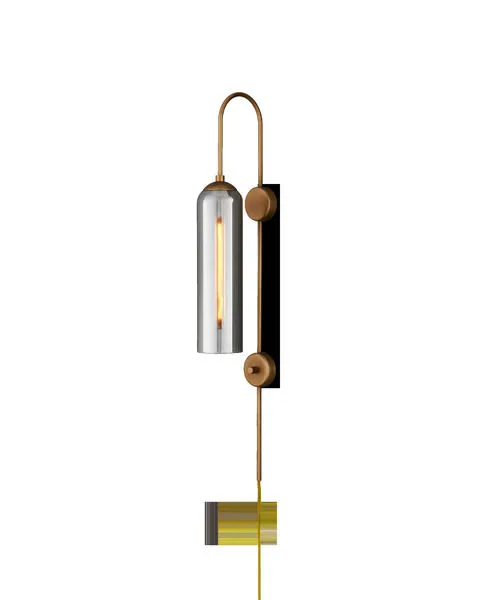 Severn Wall Sconce with smoke textured glass shade, gold metal finish, and vertical dimmer switch