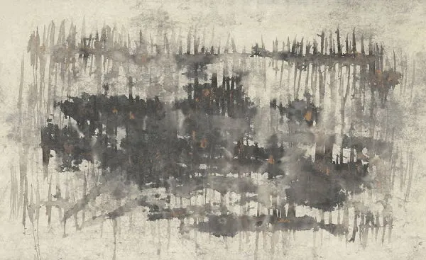 Abstract painting in dark and muted tones with textured layers and subtle golden accents on a light background