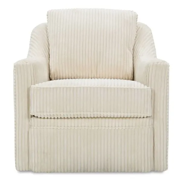 Cream-colored Hollins swivel chair with textured barrel back, loose back cushion, and track arms in a soft vertical cordur...
