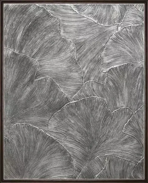 Abstract silver palm leaves with hand-painted texture on canvas in espresso brown float frame