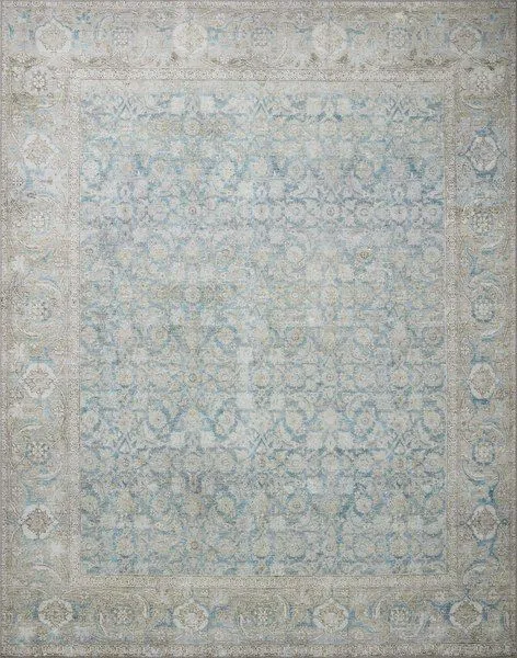 Traditional Wynter Ocean Silver rug with intricate blue and beige floral pattern and textured finish