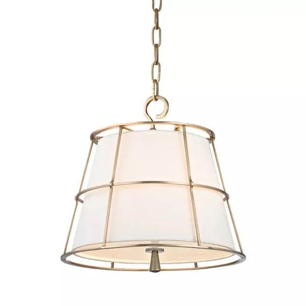 Savona 2 Light Pendant with linen shade encased in metal frame, cone-shaped finial, and hanging loop on chain