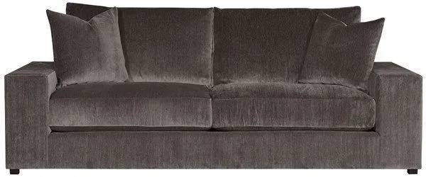 Lucca Two Seat Sofa in Veto Smoke with plush cushions and sleek, square arms upholstered in textured dark gray fabric