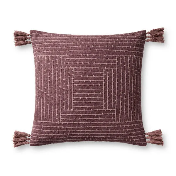 Square mauve throw pillow with art deco embroidered geometric design and tassels on each corner
