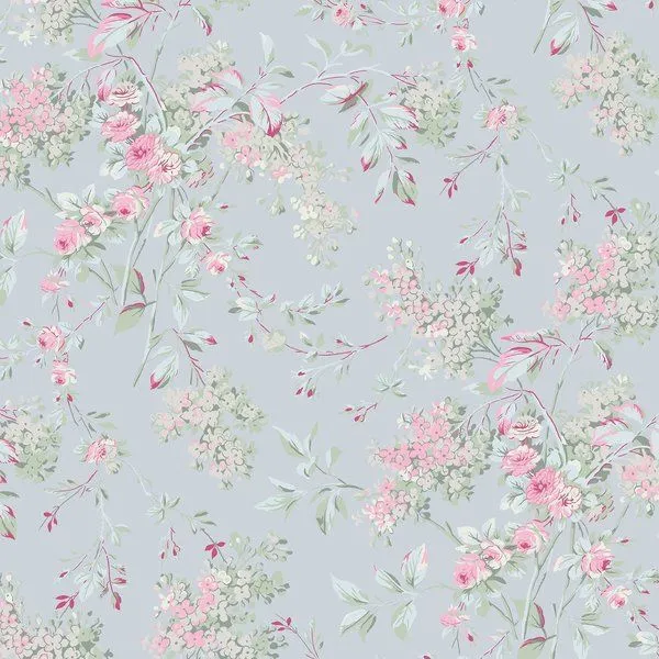 Chelsea wallpaper with trailing lilac and rose floral vines on muted blue background