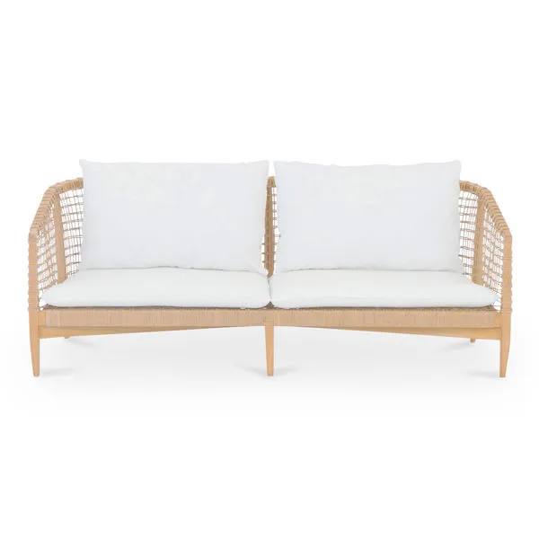 Kuna Outdoor Sofa with teak frame and white cushions, featuring woven Lloyd Loom technique sides and back