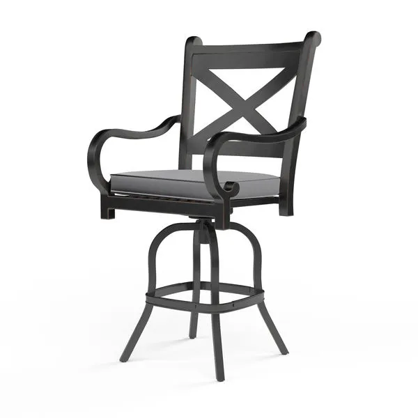 Monterey Barstool with curved armrests, X-back design, swivel base, and dark espresso powder-coated aluminum frame