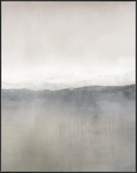 Abstract mountain landscape painting in muted gray and beige tones with soft horizontal layering