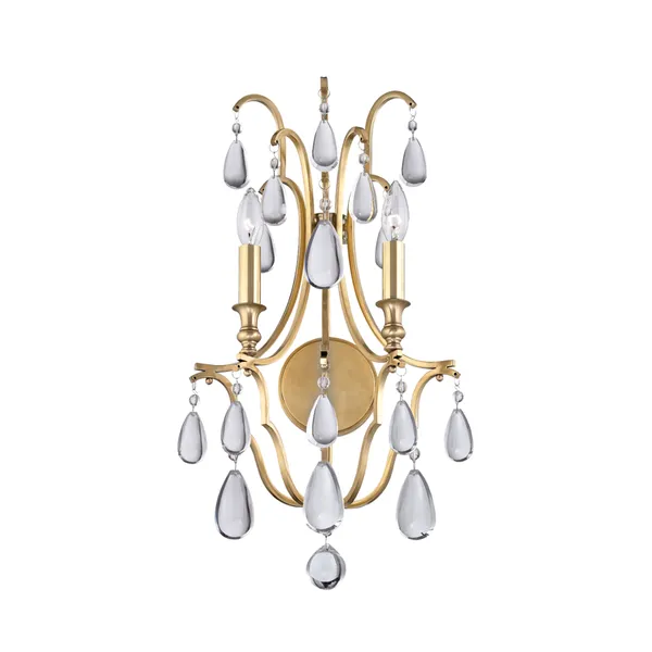 Crawford 2 Light Wall Sconce with gold finish, two candle-style bulbs, and clear teardrop crystals hanging from curved arms