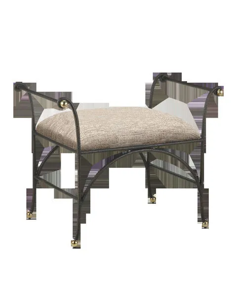 Mabel Ottoman with textured steel frame, light gold rub, polished brass ball feet, and woven brown-beige upholstered top