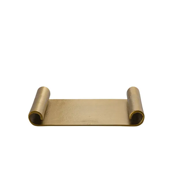 Raw Brass Antique aluminium serving tray with curled scroll edges and subtle aged texture