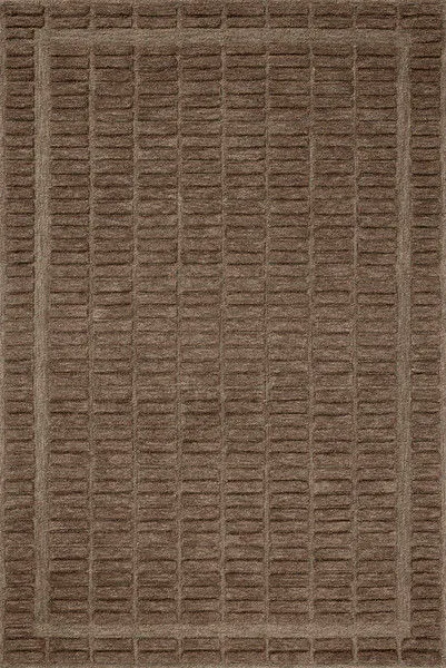 Hand-tufted wool rug in cocoa brown with two-toned linear stripes and alternating high-low pile texture
