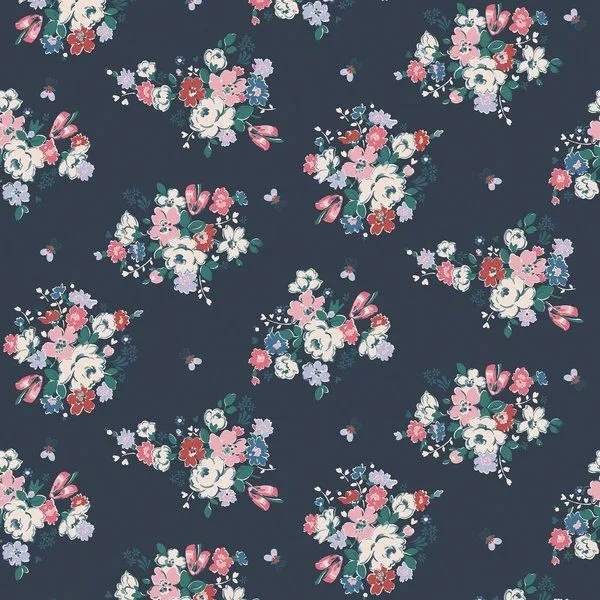 Matte finish navy wallpaper with pastel pink, baby blue, cranberry red and cream floral bouquets in a contemporary classic...
