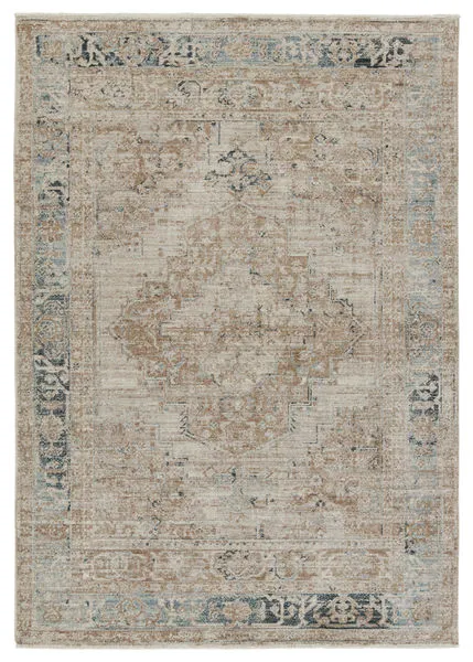 Traditional area rug with distressed taupe, tan, blue, gray, and cream medallion pattern, 5 by 7 feet 6 inches