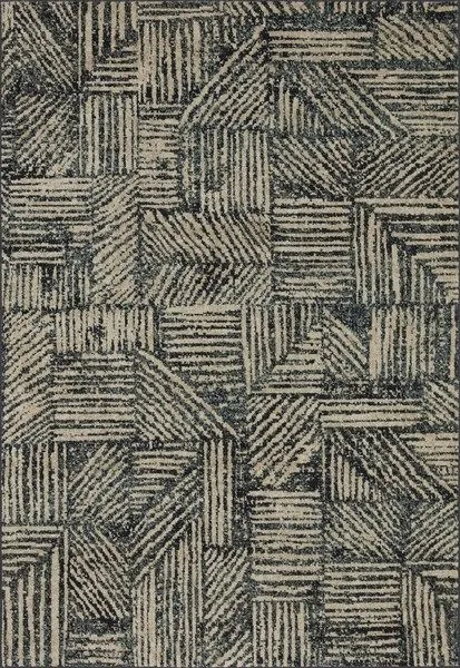 Modern Taupe rug with a geometric pattern of dark and light linear blocks, made of 100% polypropylene