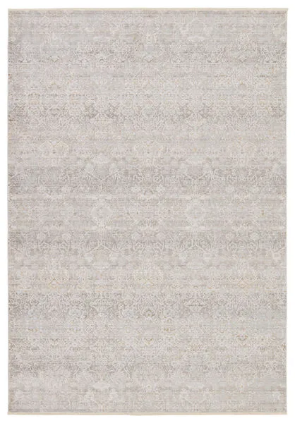 Wayreth traditional rug with neutral taupe, silver, cream, and gold floral trellis pattern