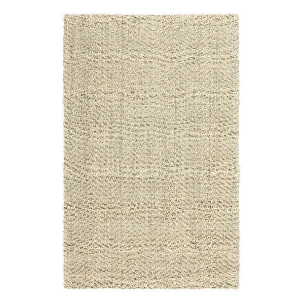 Beige handwoven jute area rug with a subtle chevron pattern and textured natural fibers