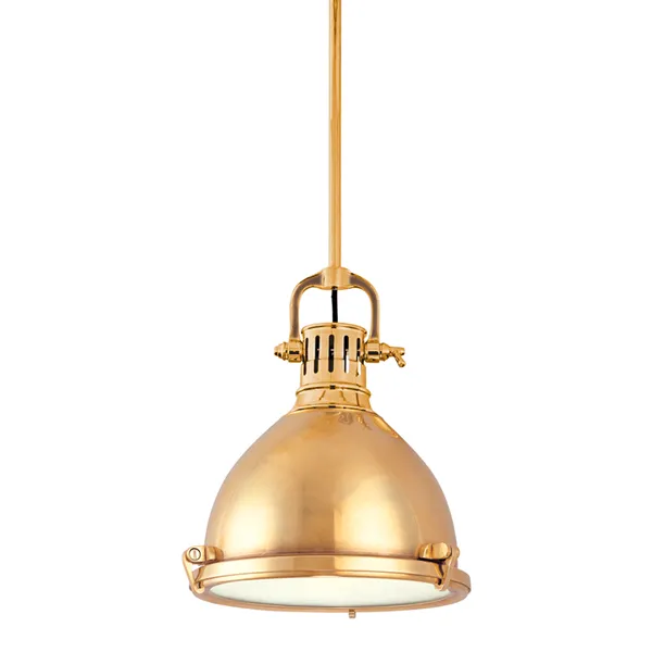 Pelham 1 Light Pendant with a polished brass bell-shaped dome and cast-metal tension clips holding a frosted glass diffuser