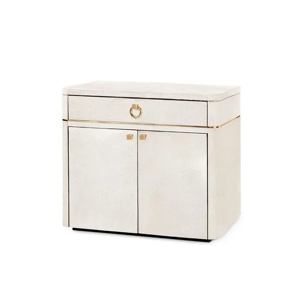 Andre 2-door cabinet with white hair-on-hide exterior, gold hardware, single drawer and double doors