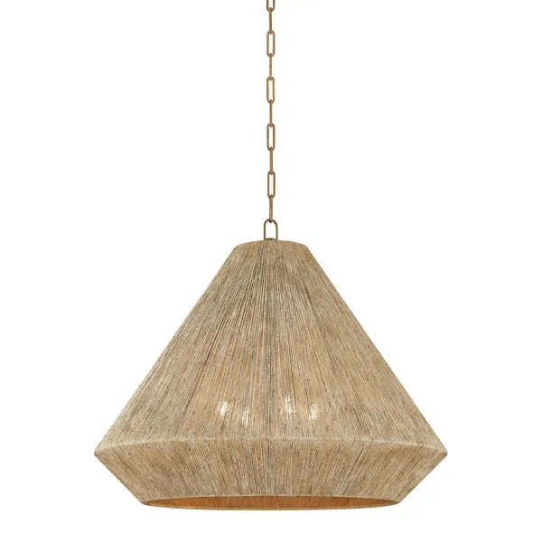 Keats pendant with a conical woven jute shade and a visible central candle cluster inside, suspended by a metal chain