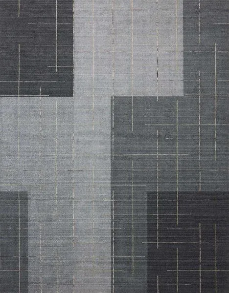 Modern geometric rug in slate and natural shades with architectural block pattern and thin space-dyed lines