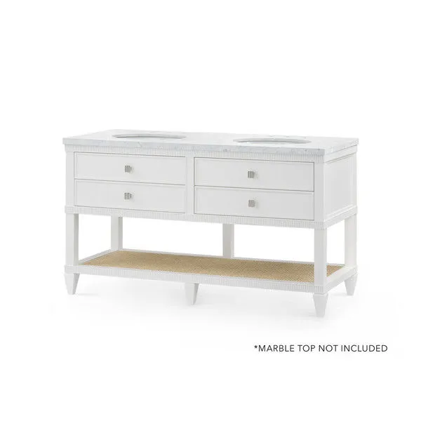 White Sienna 2-Drawer Table base with fluted apron, polished nickel pulls, open lower shelf with woven texture