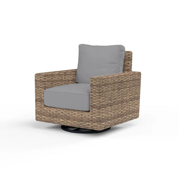 Havana swivel club rocker outdoor chair with aged tobacco all-weather wicker and gray cushions on a black swivel rocker base