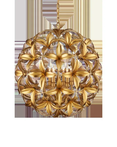 Globe-shaped chandelier with gold leaf wrought iron floral motifs and six candle-style lights inside