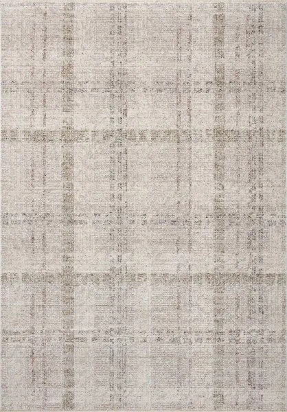 Ivory flatweave area rug with a subtle plaid pattern in muted beige and gray tones