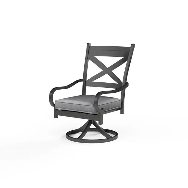 Monterey Swivel Dining Chair with espresso aluminum frame, old world copper rub finish, gray cushioned seat, and X-back de...