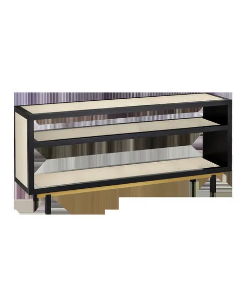 Console table with woven ivory raffia panels inset with glass surrounded by black Okoume wood frame and legs