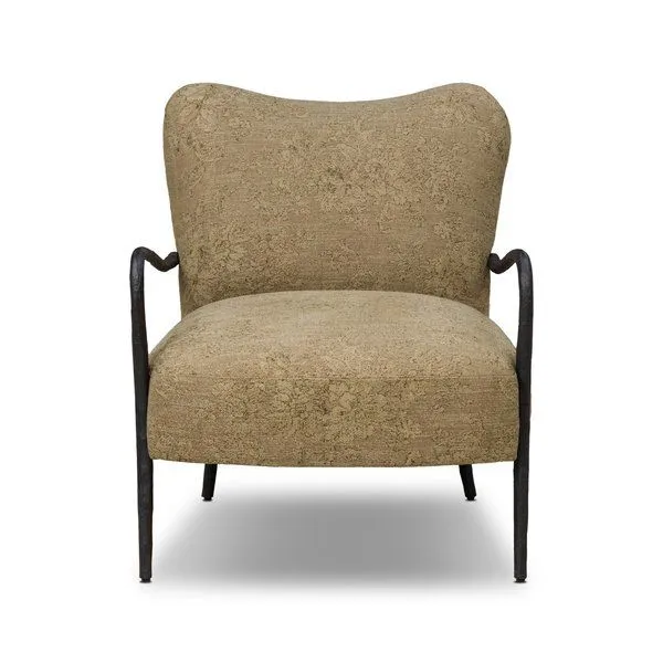 Tarah Chair with sweetheart-shaped back, brushed tan fabric upholstery, and slim hammered black metal frame