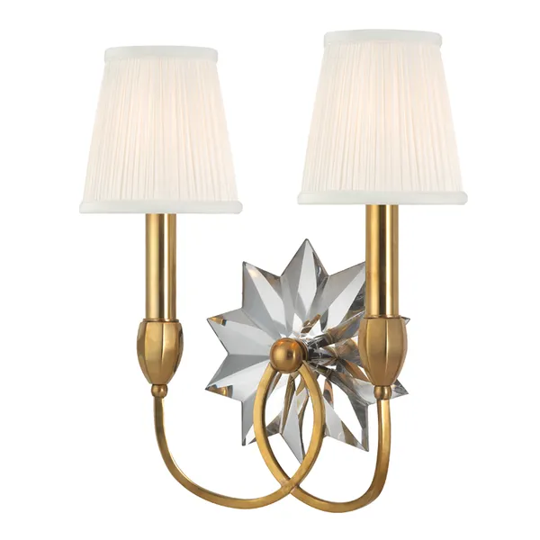 Barton 2 Light Wall Sconce with pleated white silk shades and silvery crystal star backplate on plated nickel arms