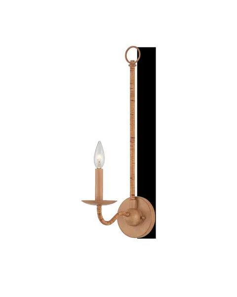 Saxon Single-Light Tan Wall Sconce with rattan wrapping, round base, curved arm, and candle-style bulb holder