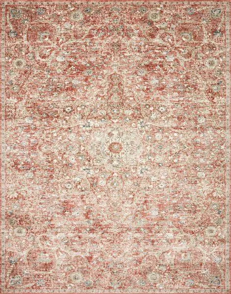 Traditional Saban rug with rust and beige tones, intricate motifs, and faded, vintage-inspired look