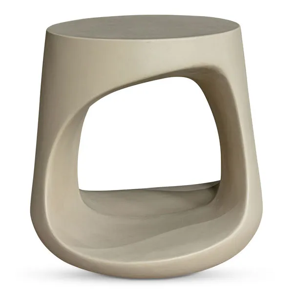 Beige Rothko Outdoor Stool with smooth curved sculptural cutout design, round flat top and wide base