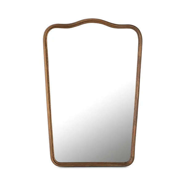 Keyes mirror with aged brass scalloped cast aluminum frame in vintage-inspired Art Deco style