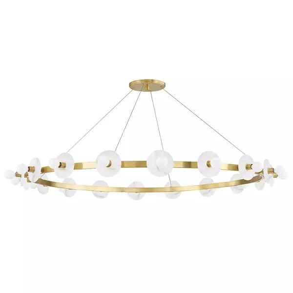 Wide thin chandelier with 18 white circular glass details and brass rim suspended by four thin wires
