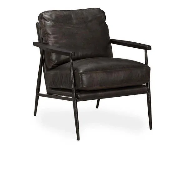 Arnold Leather Club Chair with angled back and dark brown leather cushions on a sleek metal frame