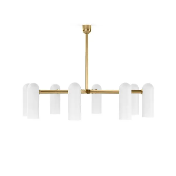 Chandelier with elongated frosted glass cylinders suspended from a burnished brass frame